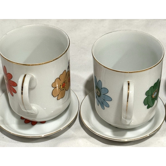 Vintage Creative Japan Porcelain Mugs & Saucers Set of 4 – Floral Mix, Gold Rim, - Picture 9 of 10